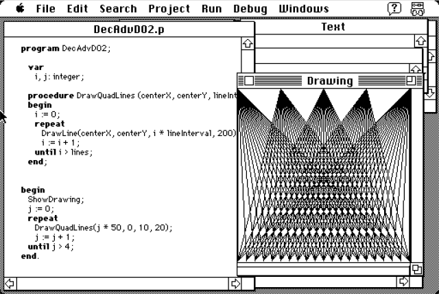 macintosh OS 7 emulated running THINK pascal with a drawing of lines resemlbing a pyramid